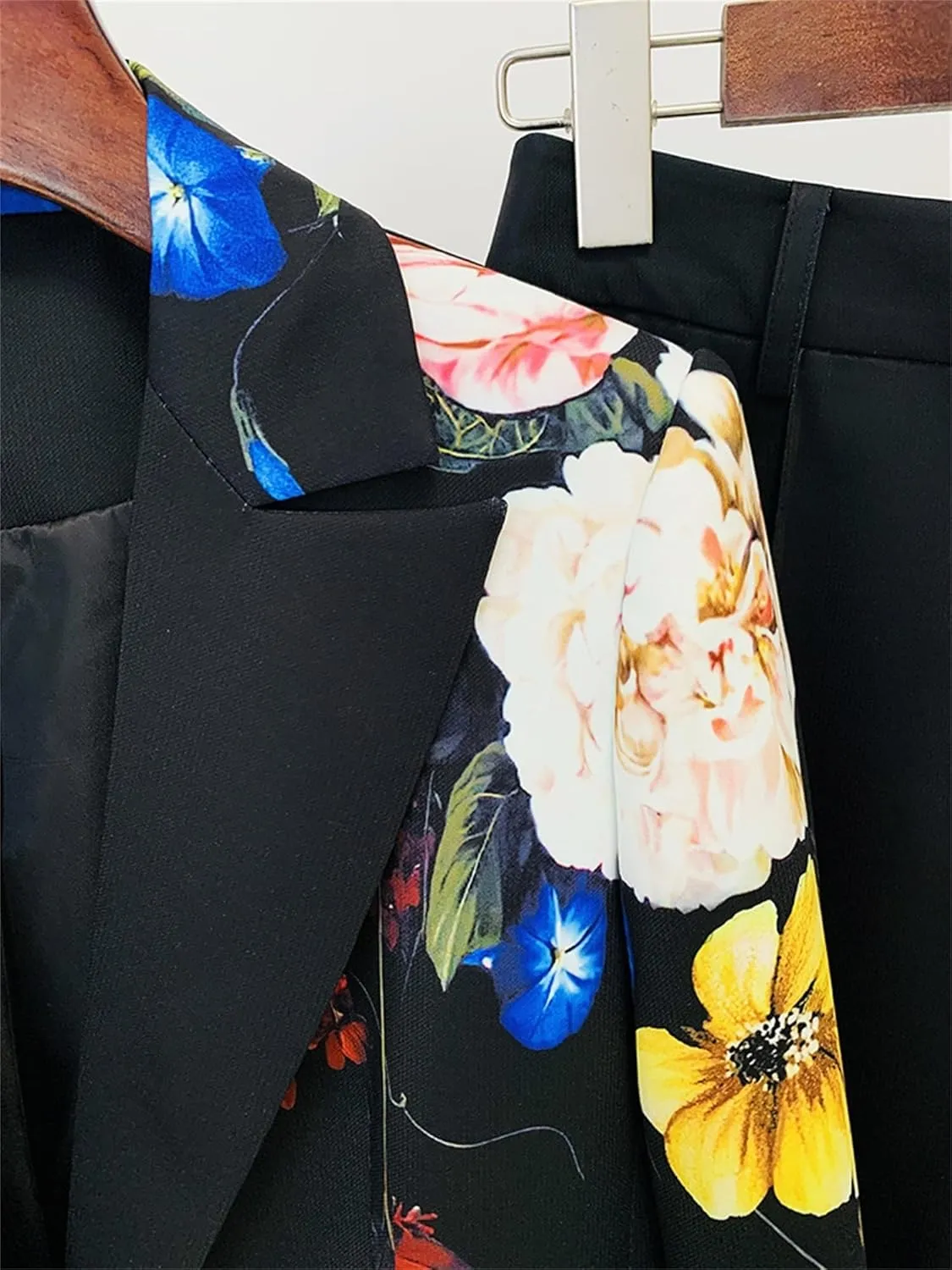 Women's Elegant Suit Flower Printed Single Button Blazer Coat High Waist Long Flare Pants Ladies' Two Pieces Sets