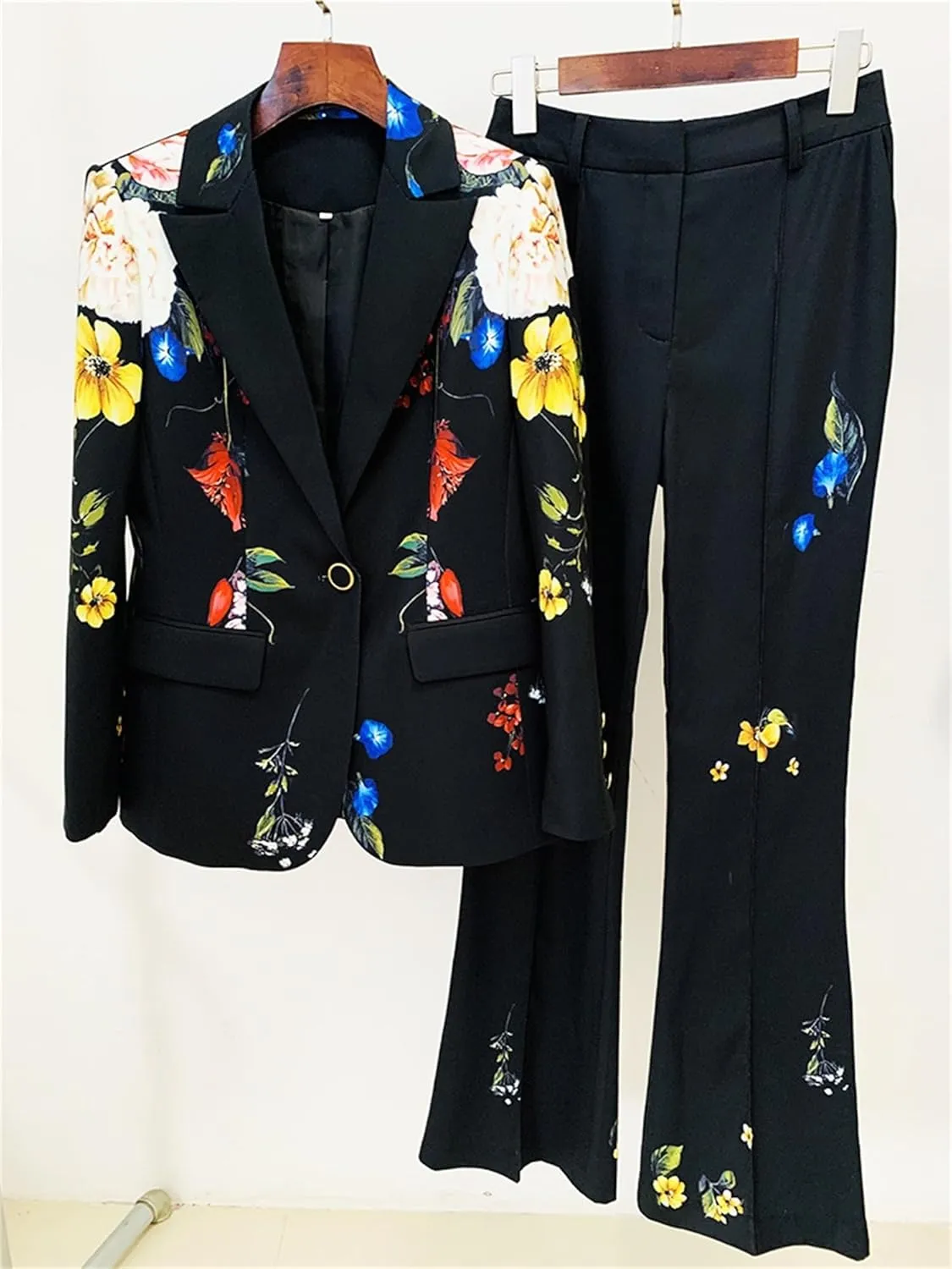 Women's Elegant Suit Flower Printed Single Button Blazer Coat High Waist Long Flare Pants Ladies' Two Pieces Sets