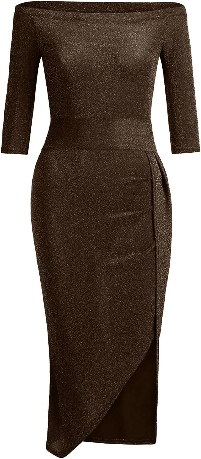 Women's Maxi Dresses 2024 Color Sequins Evening Gown Cold Shoulder Half Sleeve Split Party Cocktail Dresses, M-3XL