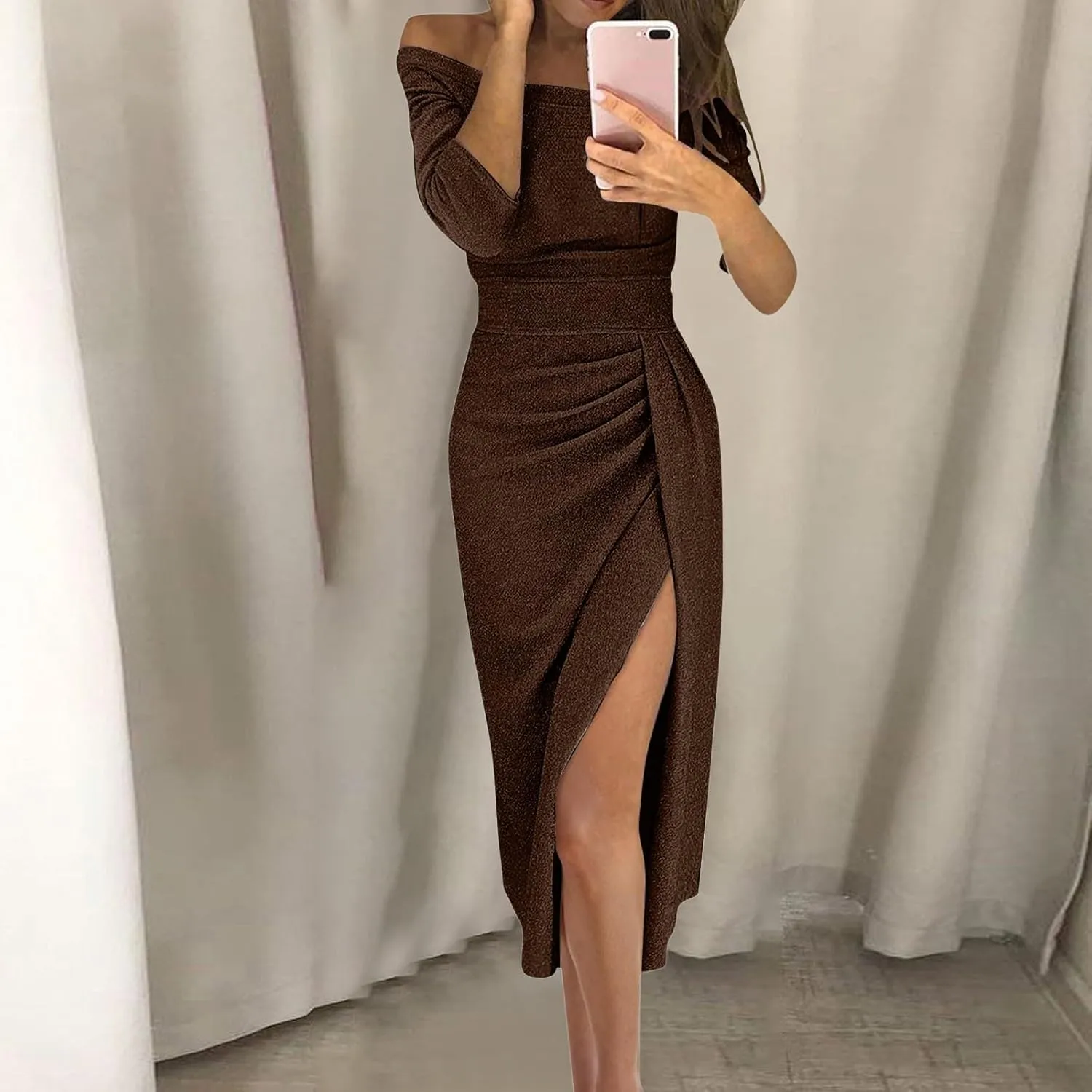 Women's Maxi Dresses 2024 Color Sequins Evening Gown Cold Shoulder Half Sleeve Split Party Cocktail Dresses, M-3XL