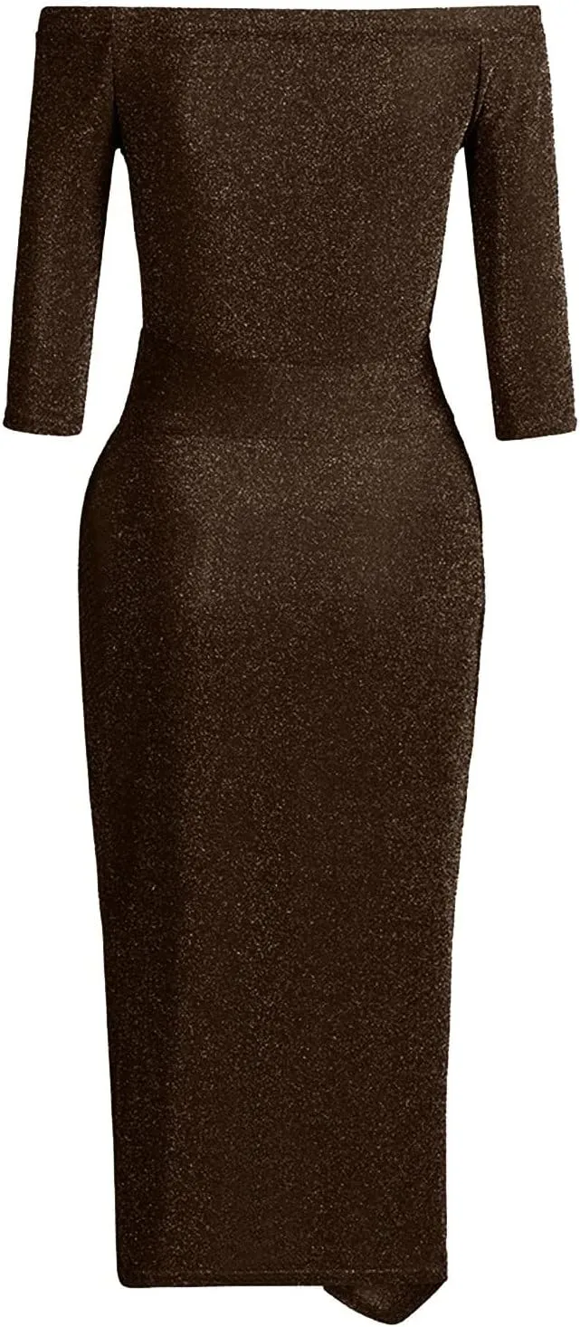 Women's Maxi Dresses 2024 Color Sequins Evening Gown Cold Shoulder Half Sleeve Split Party Cocktail Dresses, M-3XL