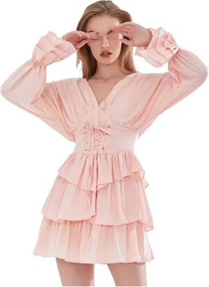 Women's Ruffle Floral Print Dress V Neck Long Sleeve High Waist Mini Dresses