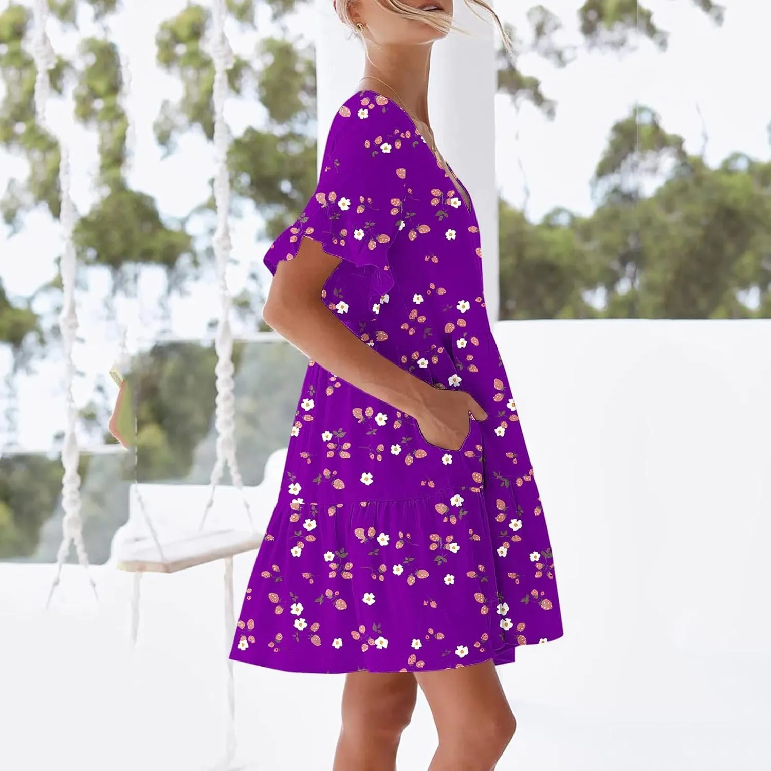 Women's Ruffle Floral Print Mini Dresses Trendy Casual 2025 Summer Loose V Neck Short Sleeve A-Line Boho Dress with Pockets