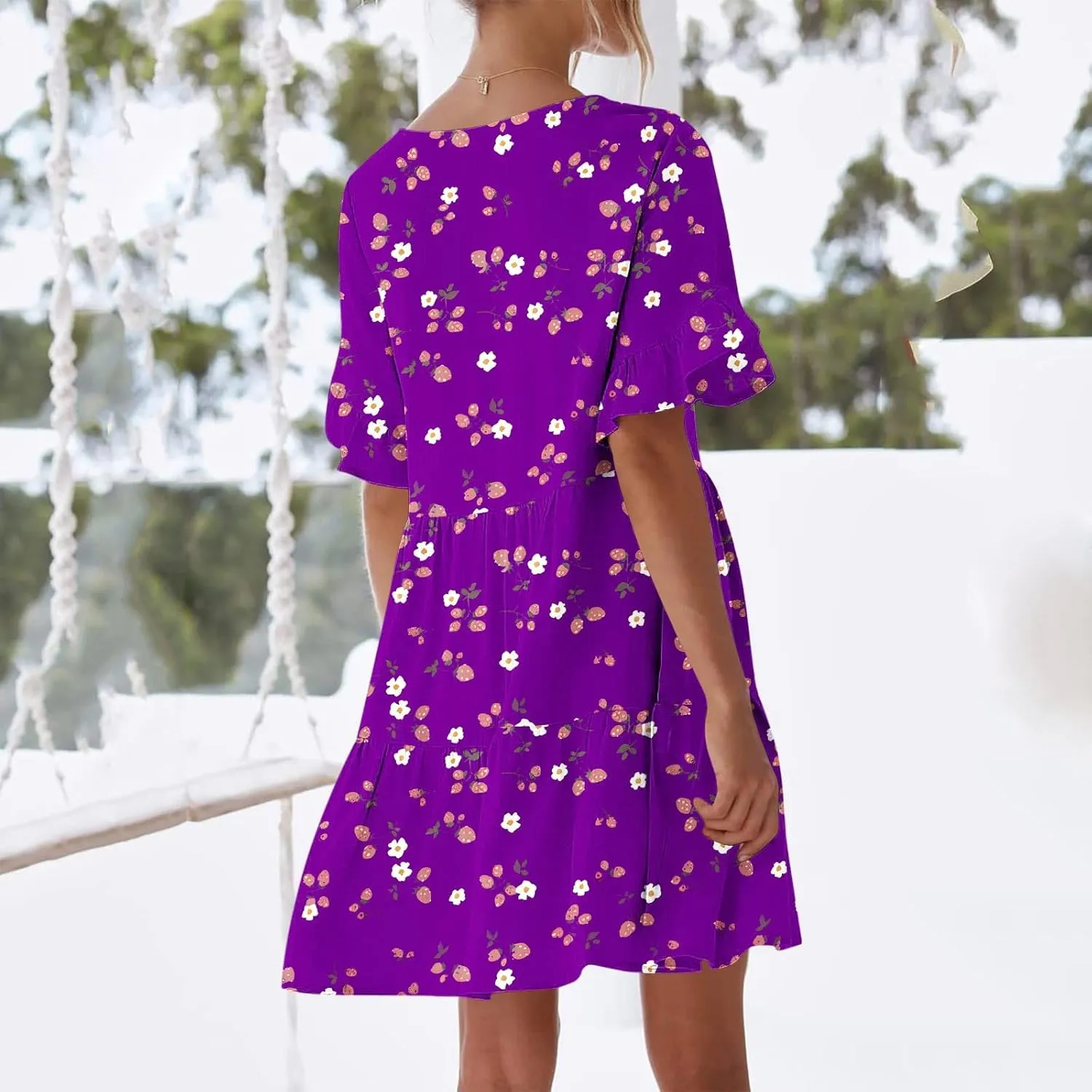 Women's Ruffle Floral Print Mini Dresses Trendy Casual 2025 Summer Loose V Neck Short Sleeve A-Line Boho Dress with Pockets