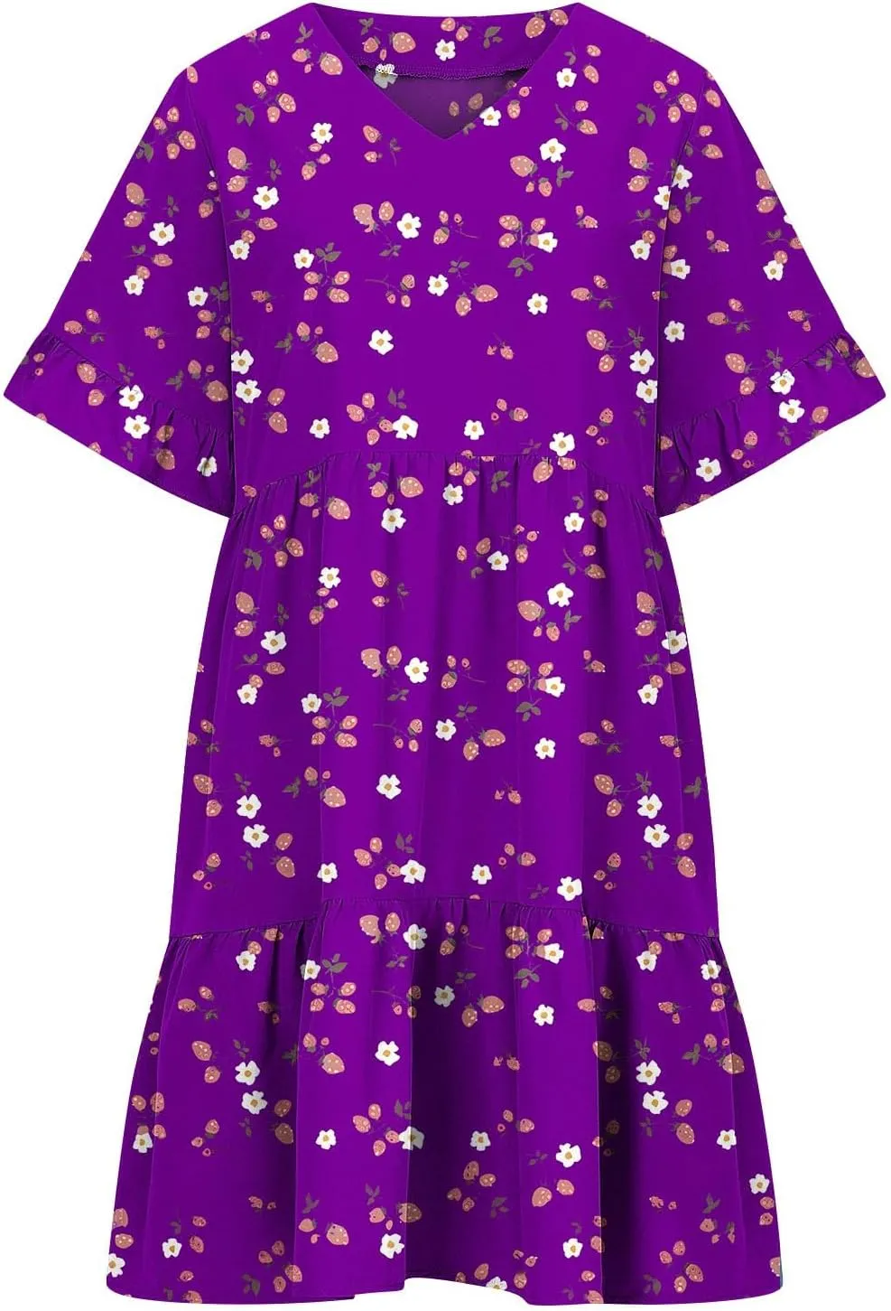 Women's Ruffle Floral Print Mini Dresses Trendy Casual 2025 Summer Loose V Neck Short Sleeve A-Line Boho Dress with Pockets