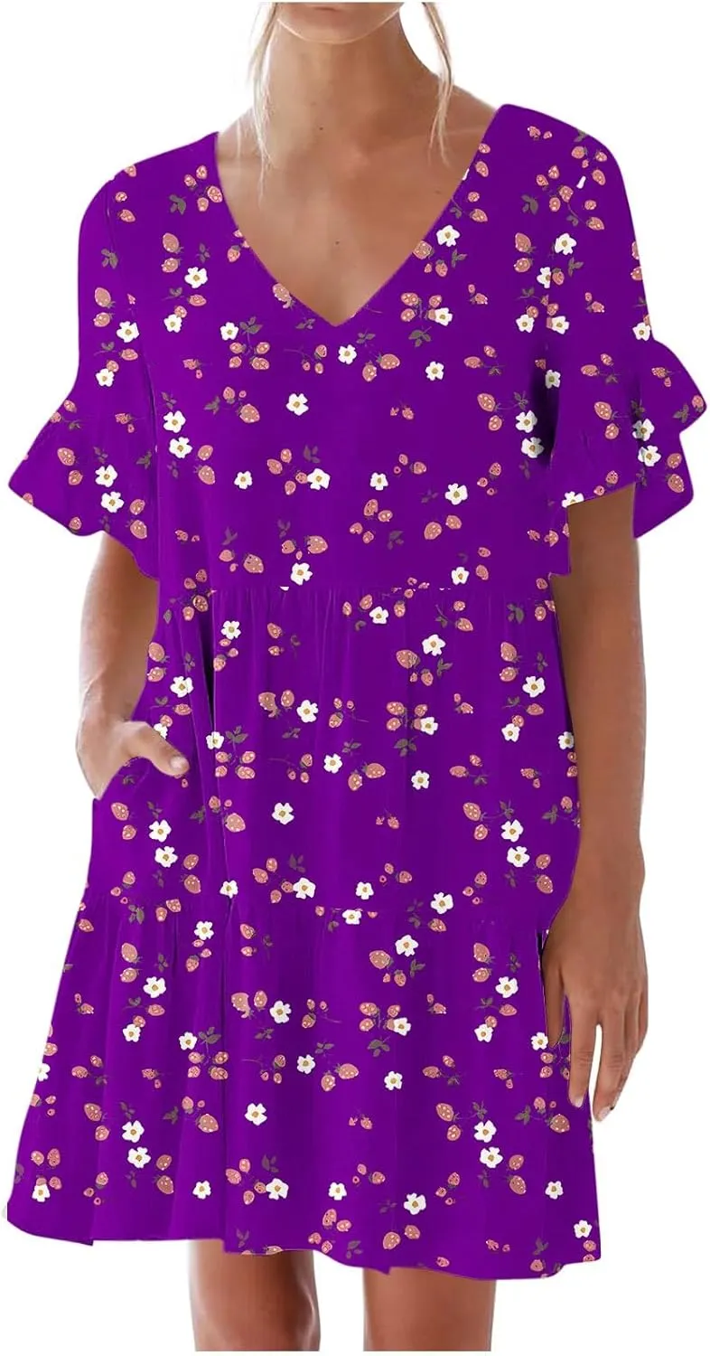 Women's Ruffle Floral Print Mini Dresses Trendy Casual 2025 Summer Loose V Neck Short Sleeve A-Line Boho Dress with Pockets