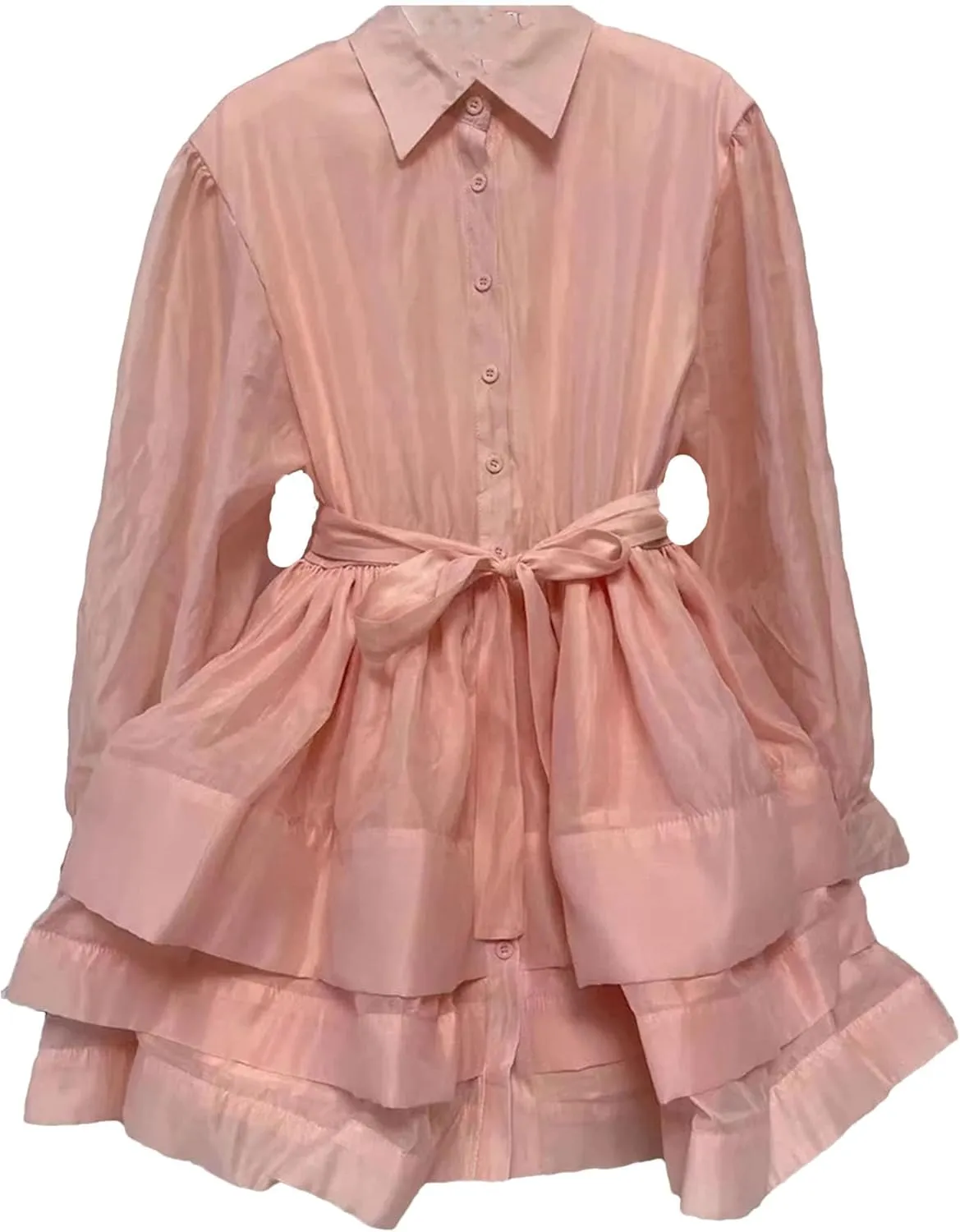 Women's Ruffle Lace Up Mini Dresses Lapel Long Sleeve High Waist Dress