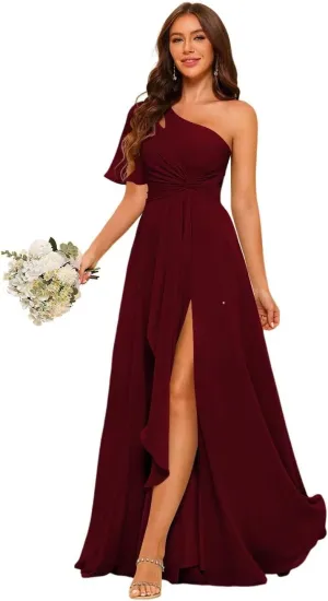 Women's Short Sleeves Chiffon Bridesmaid Dresses with Pockets 2025 Pleated Aline Formal Evening Dresses with Slit DE340