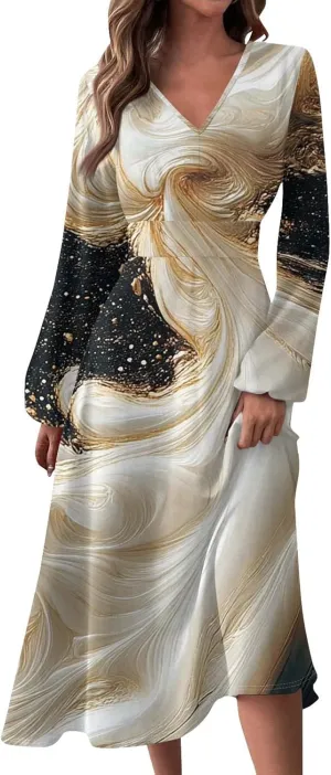 Women's Simple Gradient Long Sleeve Dress Pretty Casual V-Neck Summer Maxi Dresses