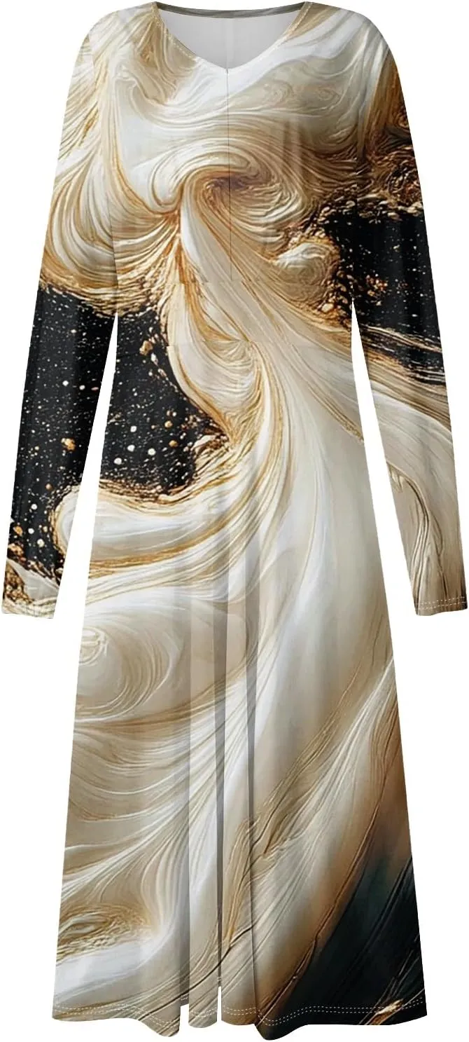 Women's Simple Gradient Long Sleeve Dress Pretty Casual V-Neck Summer Maxi Dresses