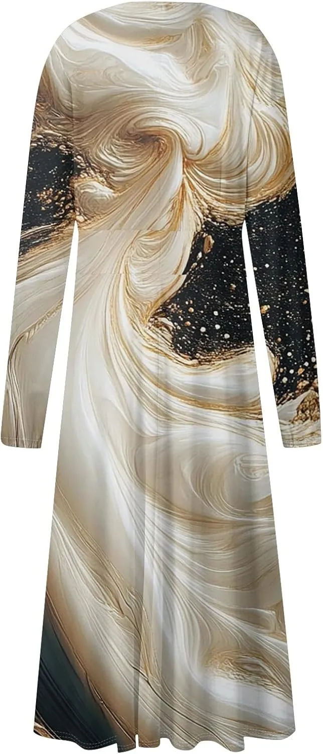 Women's Simple Gradient Long Sleeve Dress Pretty Casual V-Neck Summer Maxi Dresses