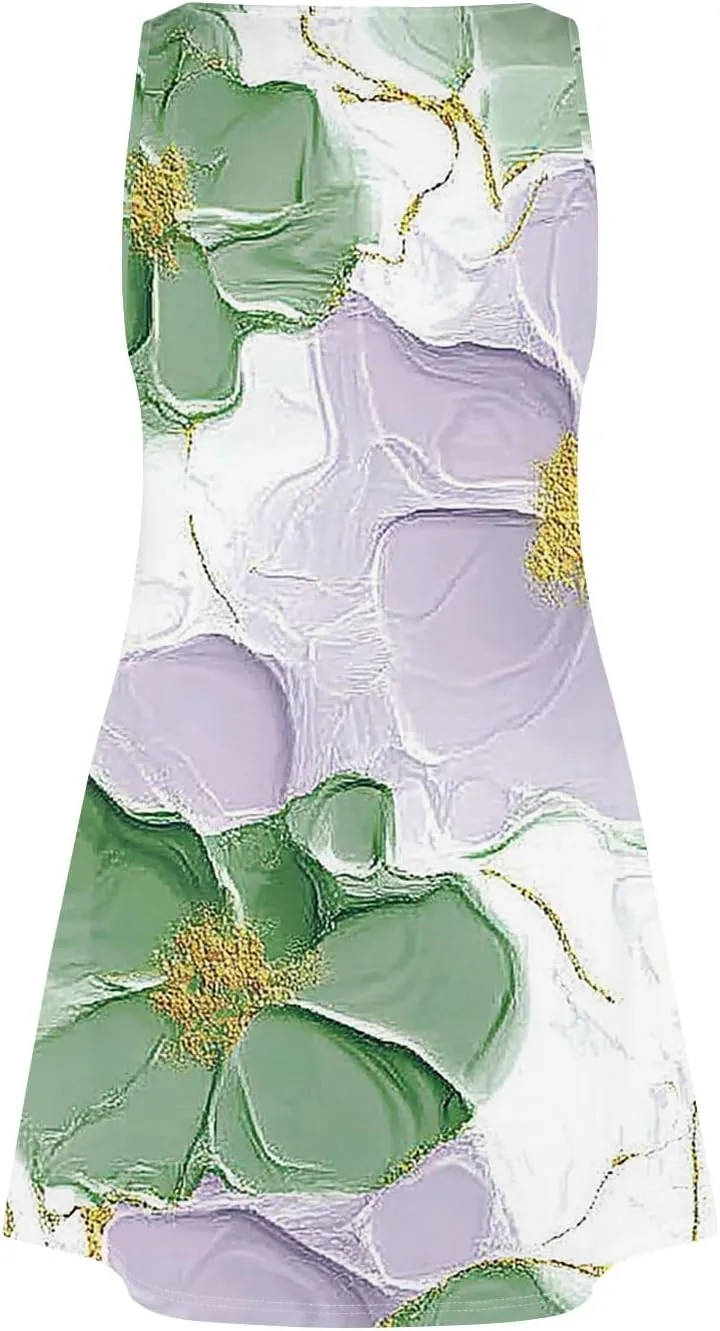 Women's Sleeveless Floral Print Summer Dress, Casual V-Neck A-Line Summer for Beach and Vacation