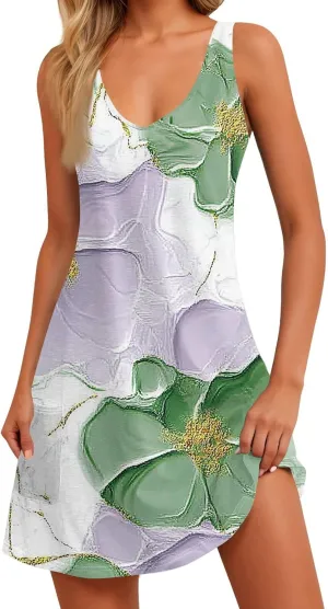 Women's Sleeveless Floral Print Summer Dress, Casual V-Neck A-Line Summer for Beach and Vacation