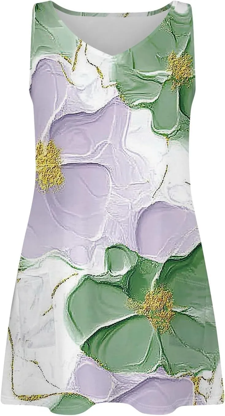 Women's Sleeveless Floral Print Summer Dress, Casual V-Neck A-Line Summer for Beach and Vacation