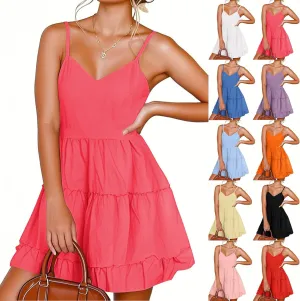 Womens Spaghetti Straps Mini Dress Sleeveless Summer V Neck Slip Dress Loose Fit Tiered Flowy Beach A Line Sundresses
