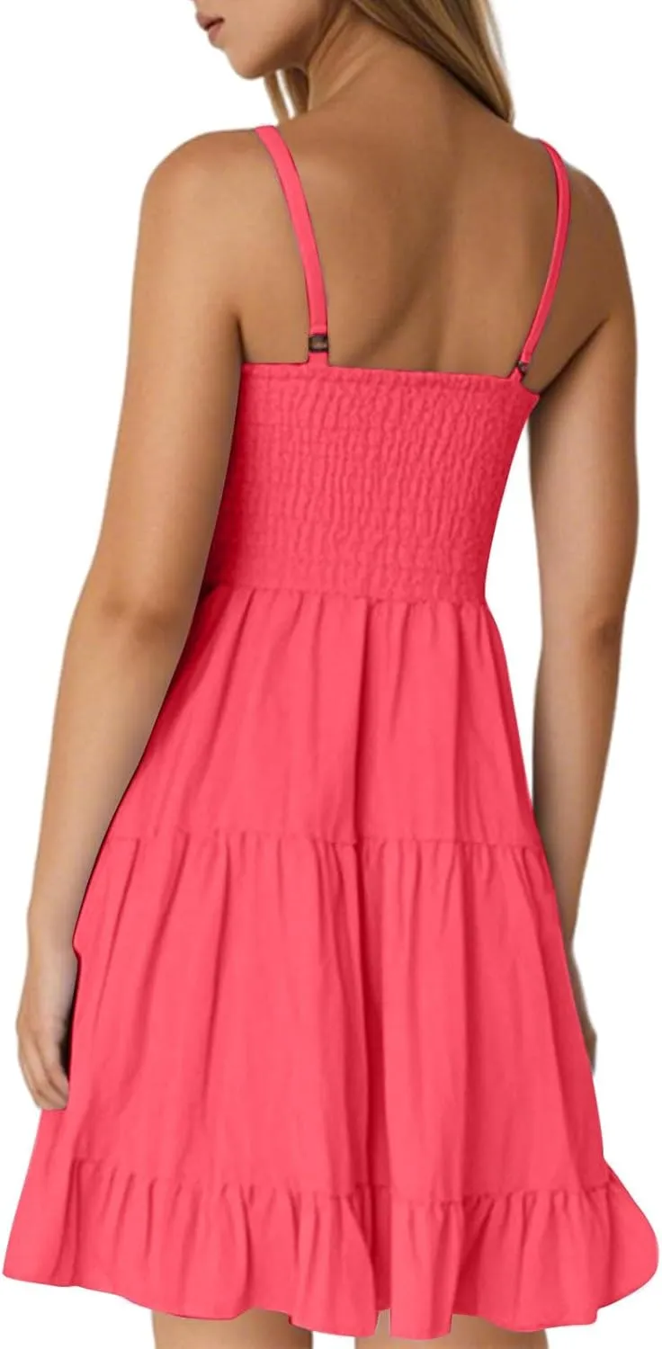 Womens Spaghetti Straps Mini Dress Sleeveless Summer V Neck Slip Dress Loose Fit Tiered Flowy Beach A Line Sundresses