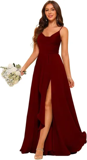 Women's Spaghetti Straps Ruffle Pleated Bridesmaid Dresses with Slit Long Chiffon Formal Party Dress 2024 DE193