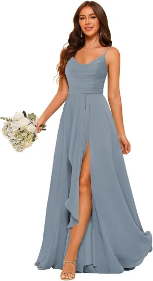 Women's Spaghetti Straps Ruffle Pleated Bridesmaid Dresses with Slit Long Chiffon Formal Party Dress 2024 DE193