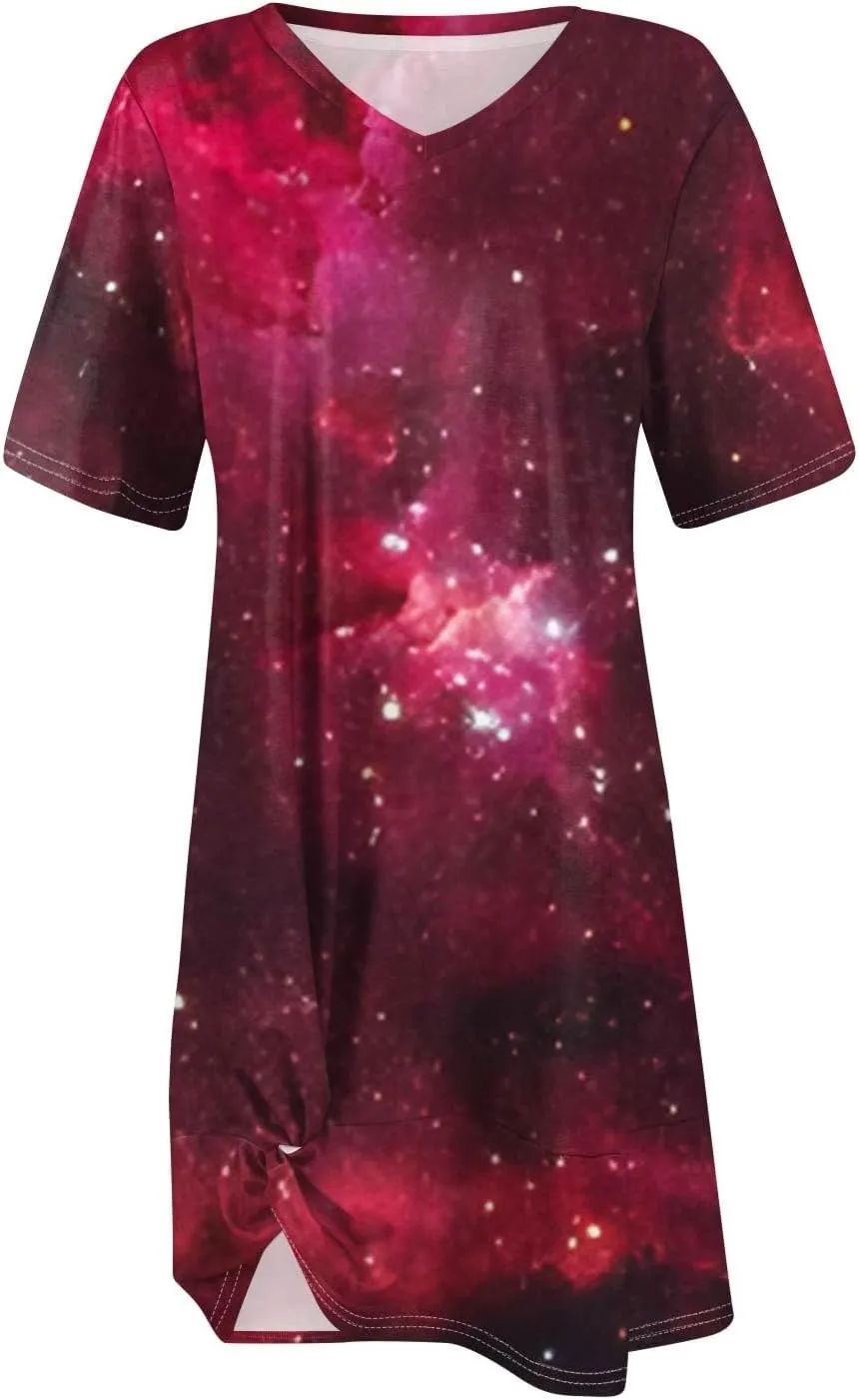 Women's Spring Dresses Short Sleeve V-Neck Star Print Loose Fashion Novelty Swing Mini Dress, S-3XL