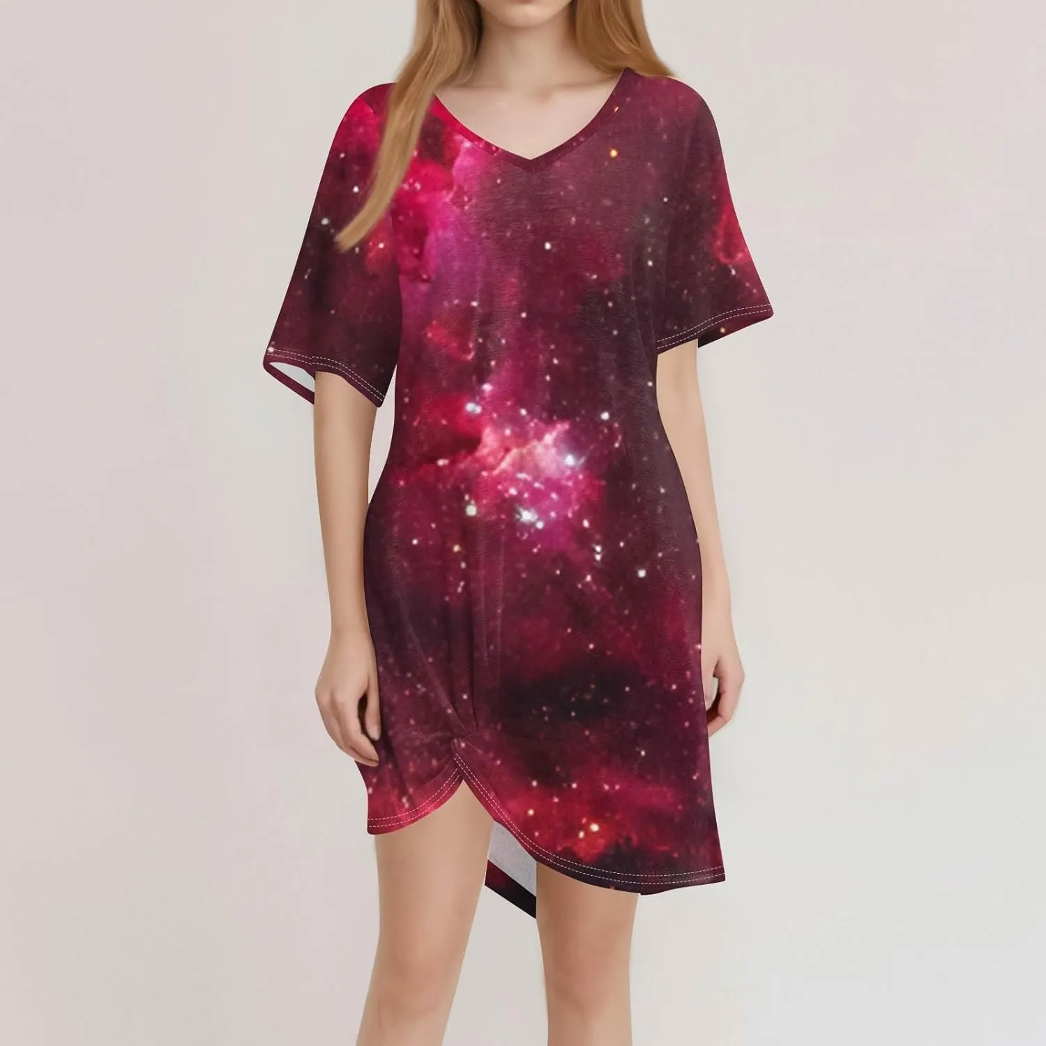 Women's Spring Dresses Short Sleeve V-Neck Star Print Loose Fashion Novelty Swing Mini Dress, S-3XL