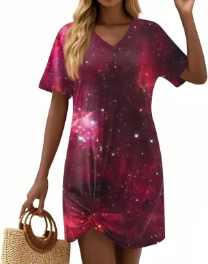 Women's Spring Dresses Short Sleeve V-Neck Star Print Loose Fashion Novelty Swing Mini Dress, S-3XL