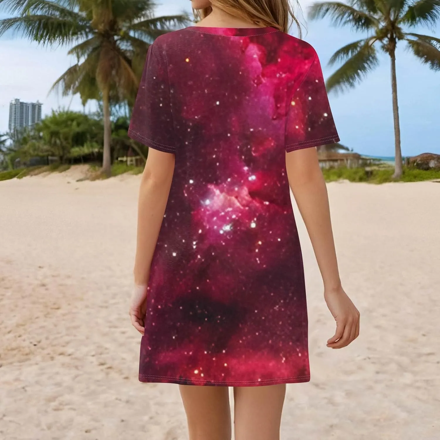Women's Spring Dresses Short Sleeve V-Neck Star Print Loose Fashion Novelty Swing Mini Dress, S-3XL