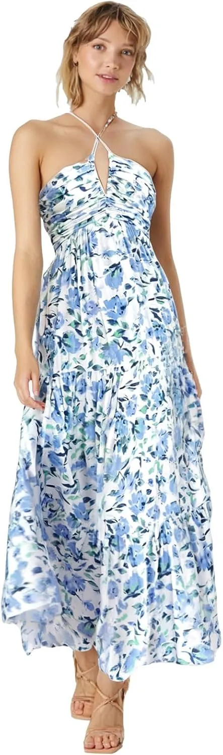 Women's Summer Casual Sleeveless Halter Maxi Dress Pleated Tiered Flowy Beach Vacation Long Dresses Sundress