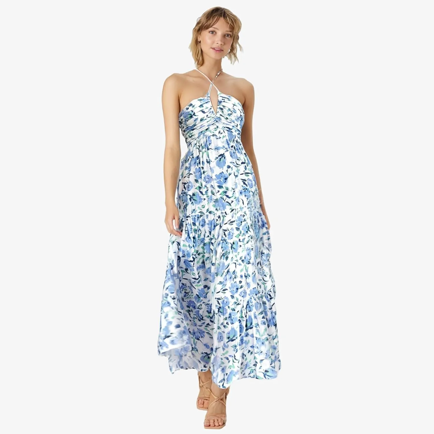 Women's Summer Casual Sleeveless Halter Maxi Dress Pleated Tiered Flowy Beach Vacation Long Dresses Sundress