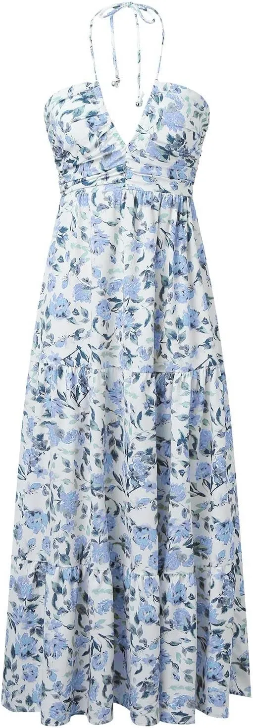 Women's Summer Casual Sleeveless Halter Maxi Dress Pleated Tiered Flowy Beach Vacation Long Dresses Sundress