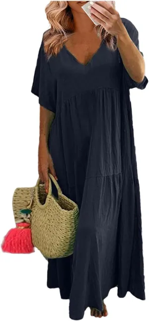 Womens Summer Dresses 2025 Short Sleeve V-Neck Long Cotton Linen Dress Beach Vacation Baggy Casual Loose Sundress
