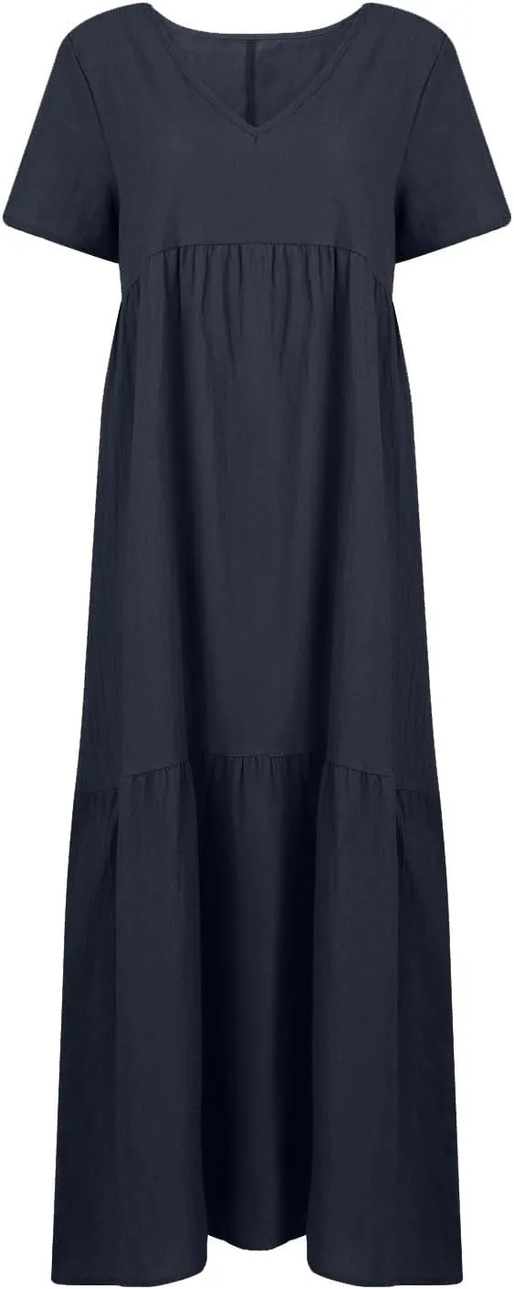 Womens Summer Dresses 2025 Short Sleeve V-Neck Long Cotton Linen Dress Beach Vacation Baggy Casual Loose Sundress