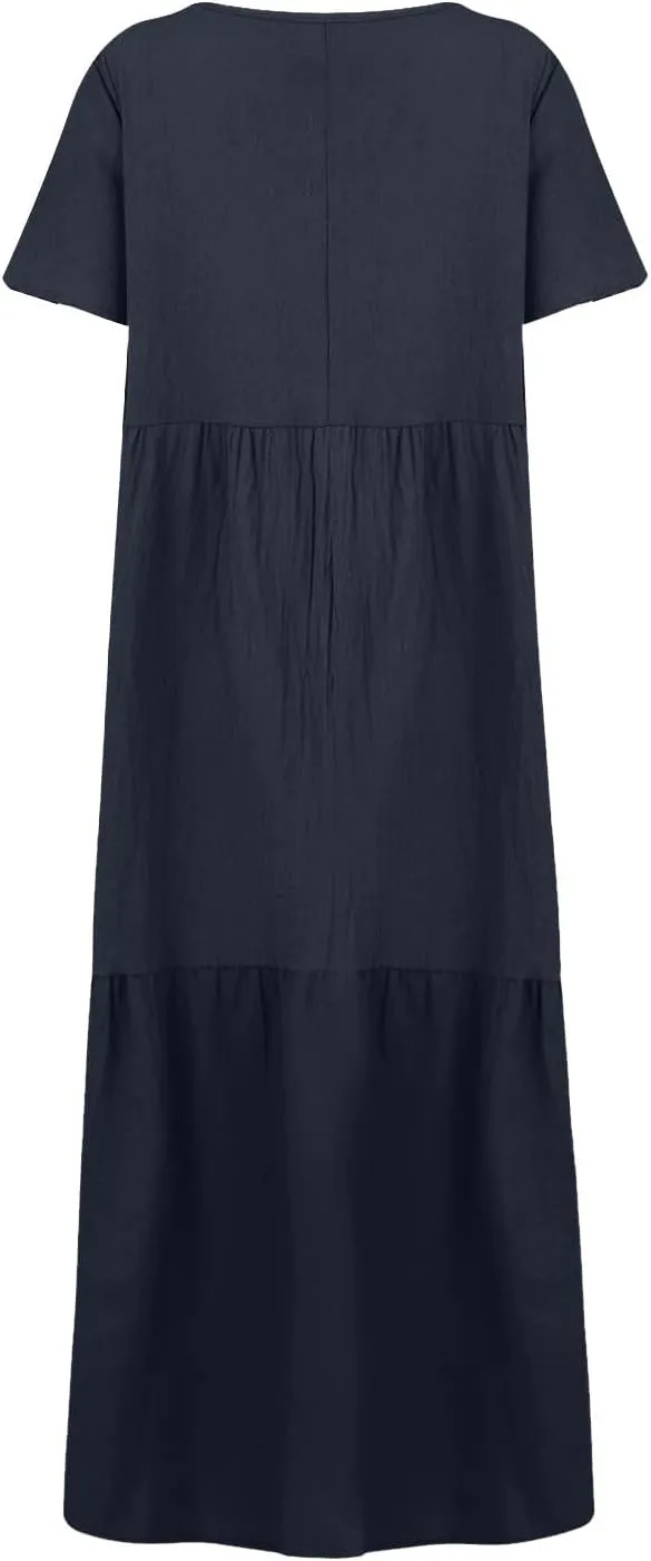 Womens Summer Dresses 2025 Short Sleeve V-Neck Long Cotton Linen Dress Beach Vacation Baggy Casual Loose Sundress