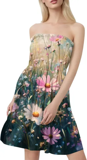 Womens Summer Mini Dress Strapless Sleeveless Trendy Boho Floral Sundress Flowy Ruffle Ruched Sexy Tube Top Dresses