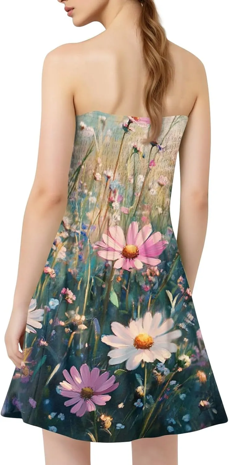 Womens Summer Mini Dress Strapless Sleeveless Trendy Boho Floral Sundress Flowy Ruffle Ruched Sexy Tube Top Dresses
