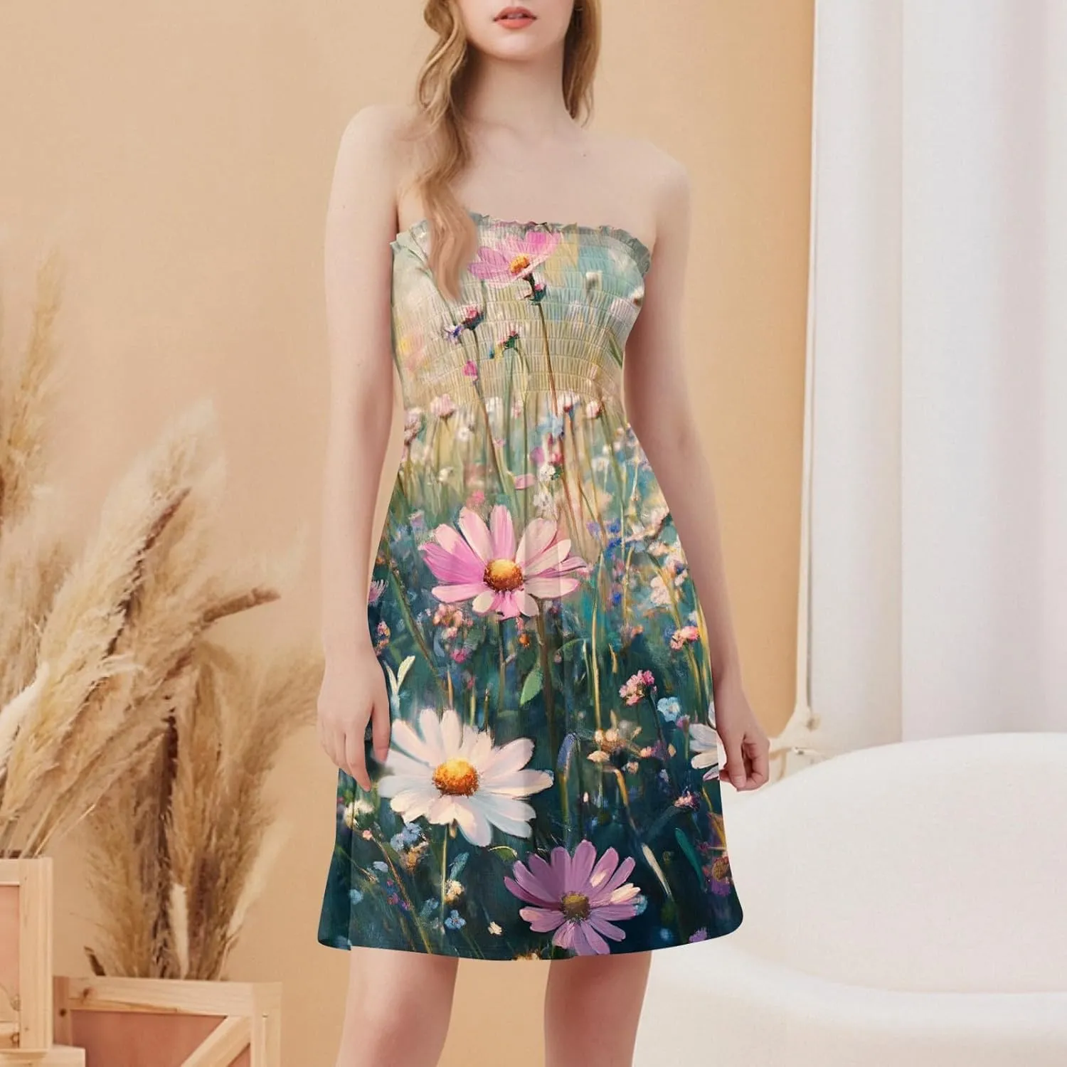 Womens Summer Mini Dress Strapless Sleeveless Trendy Boho Floral Sundress Flowy Ruffle Ruched Sexy Tube Top Dresses