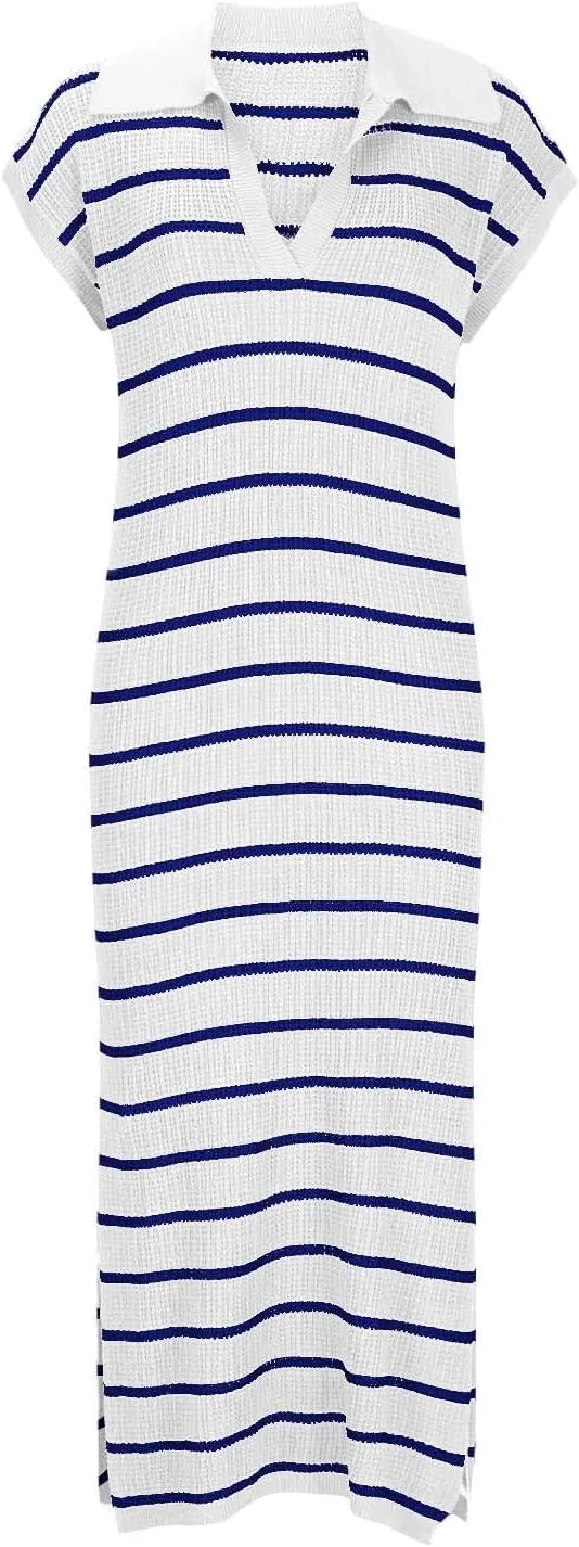 Women's Summer Striped Maxi Dress Casual Short Sleeve Loose Knitted Dress V Neck Collared Side Slit Sweater Dresses