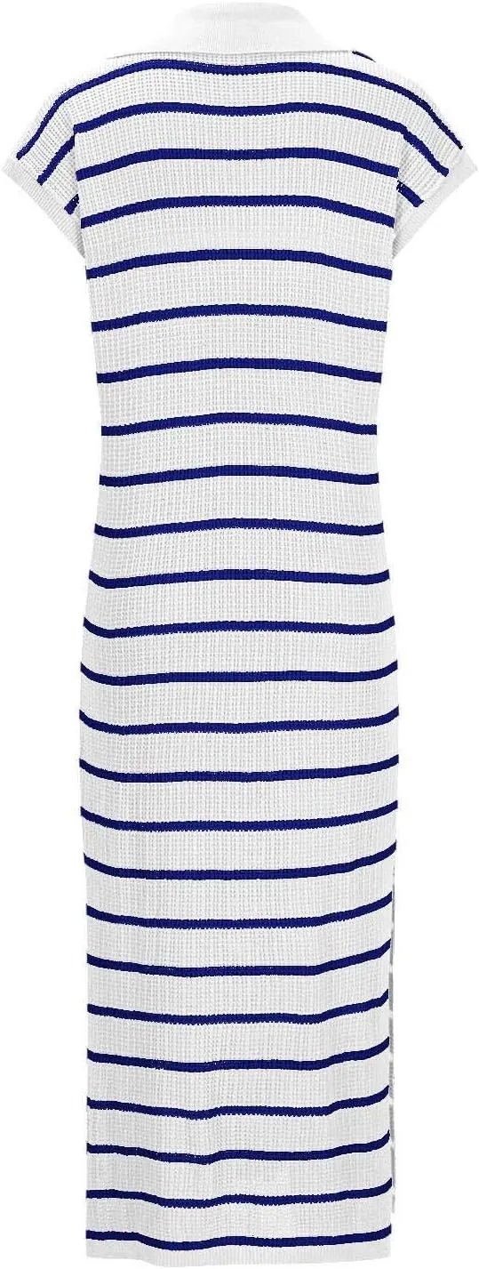 Women's Summer Striped Maxi Dress Casual Short Sleeve Loose Knitted Dress V Neck Collared Side Slit Sweater Dresses