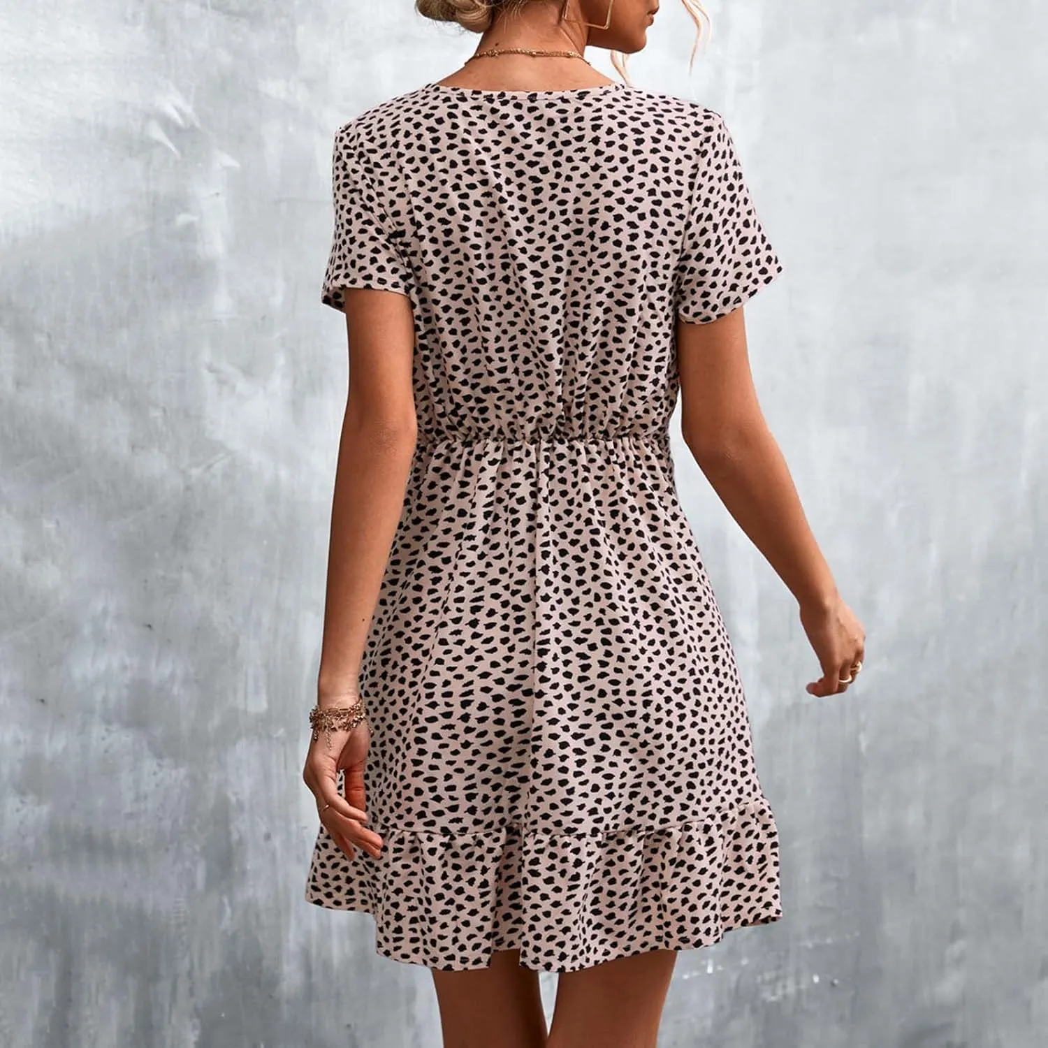 Womens Summer V Neck Bohemian Floral Mini Dress Short Sleeve Ruffle Spring Summer Flowy Beach Boho Dresses