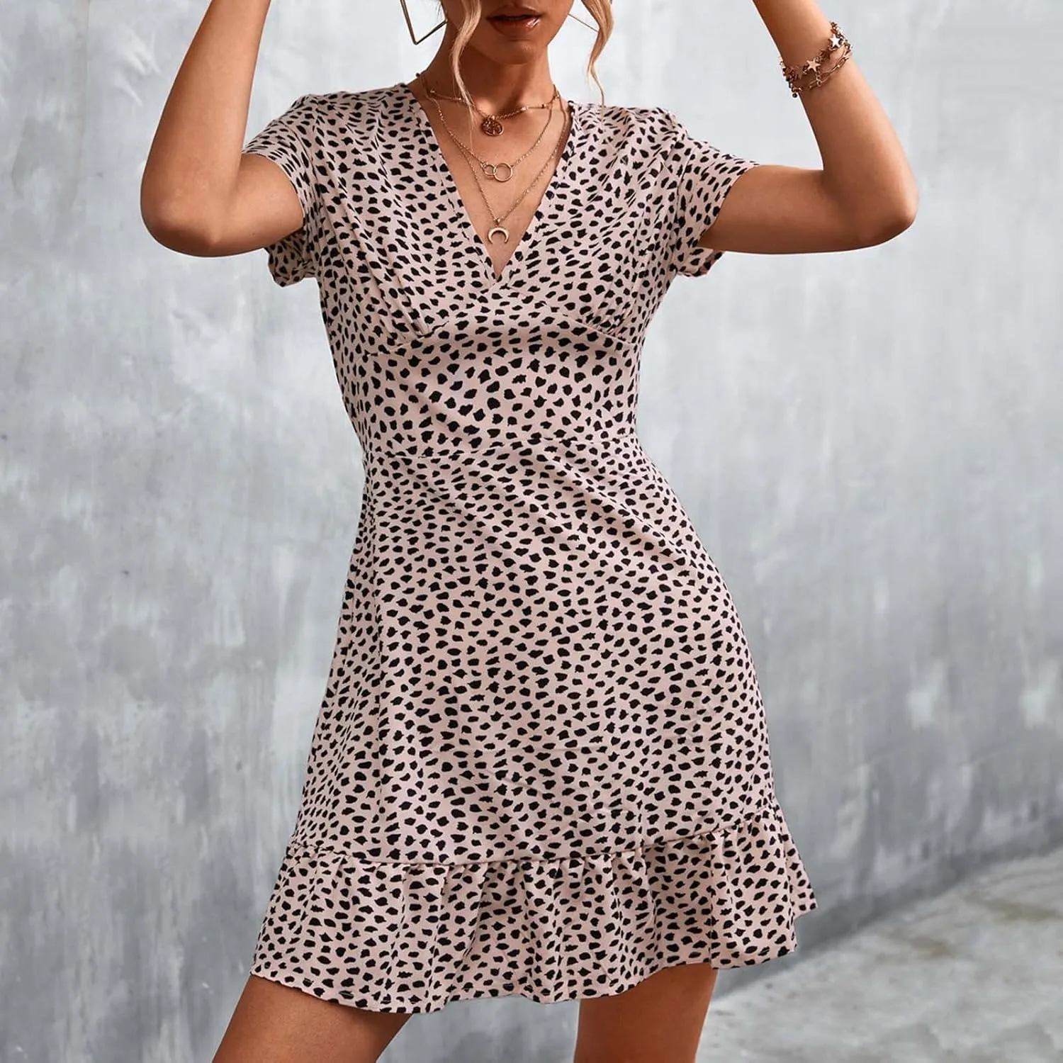 Womens Summer V Neck Bohemian Floral Mini Dress Short Sleeve Ruffle Spring Summer Flowy Beach Boho Dresses