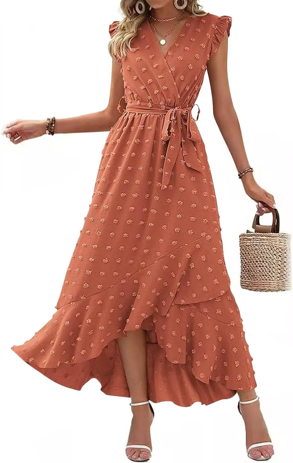 Womens Summer Wrap Maxi Dress Casual Boho V Neck Ruffle Short Sleeve Ruffle Hem Split Beach Long Dresses
