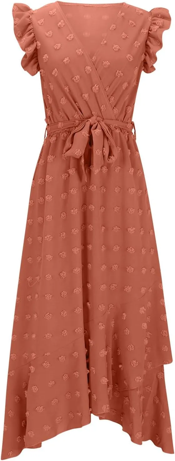 Womens Summer Wrap Maxi Dress Casual Boho V Neck Ruffle Short Sleeve Ruffle Hem Split Beach Long Dresses
