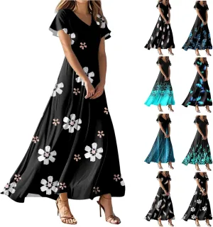 Women's Summer Wrap Maxi Dress Casual Short Sleeve Floral Boho V Neck Flowy Dresses Ruffle Beach Long Sundress Coverups