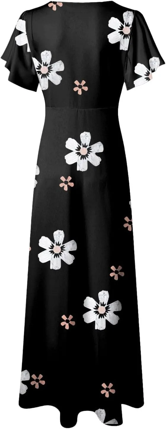 Women's Summer Wrap Maxi Dress Casual Short Sleeve Floral Boho V Neck Flowy Dresses Ruffle Beach Long Sundress Coverups