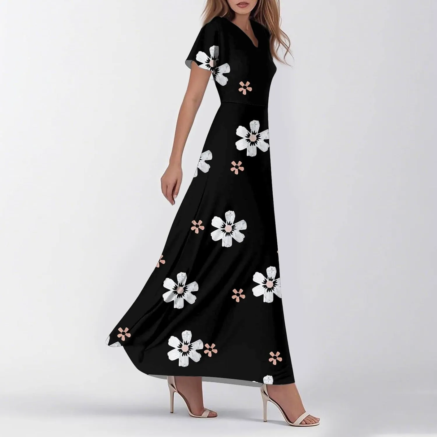 Women's Summer Wrap Maxi Dress Casual Short Sleeve Floral Boho V Neck Flowy Dresses Ruffle Beach Long Sundress Coverups