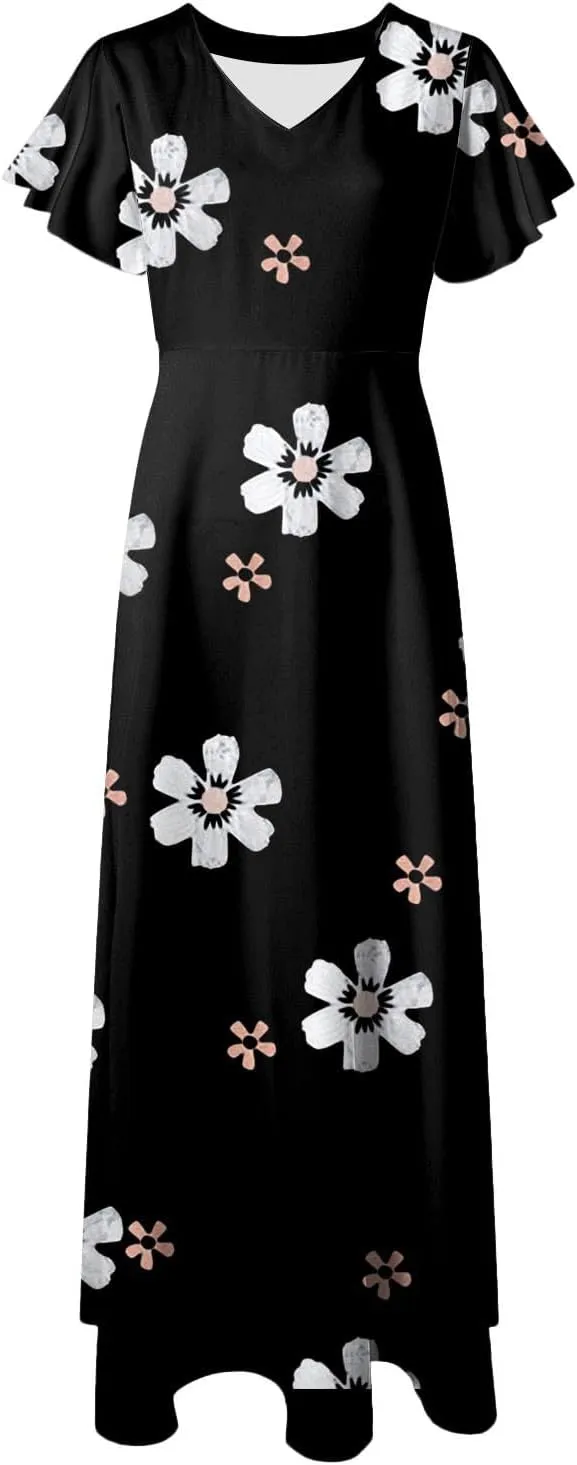 Women's Summer Wrap Maxi Dress Casual Short Sleeve Floral Boho V Neck Flowy Dresses Ruffle Beach Long Sundress Coverups