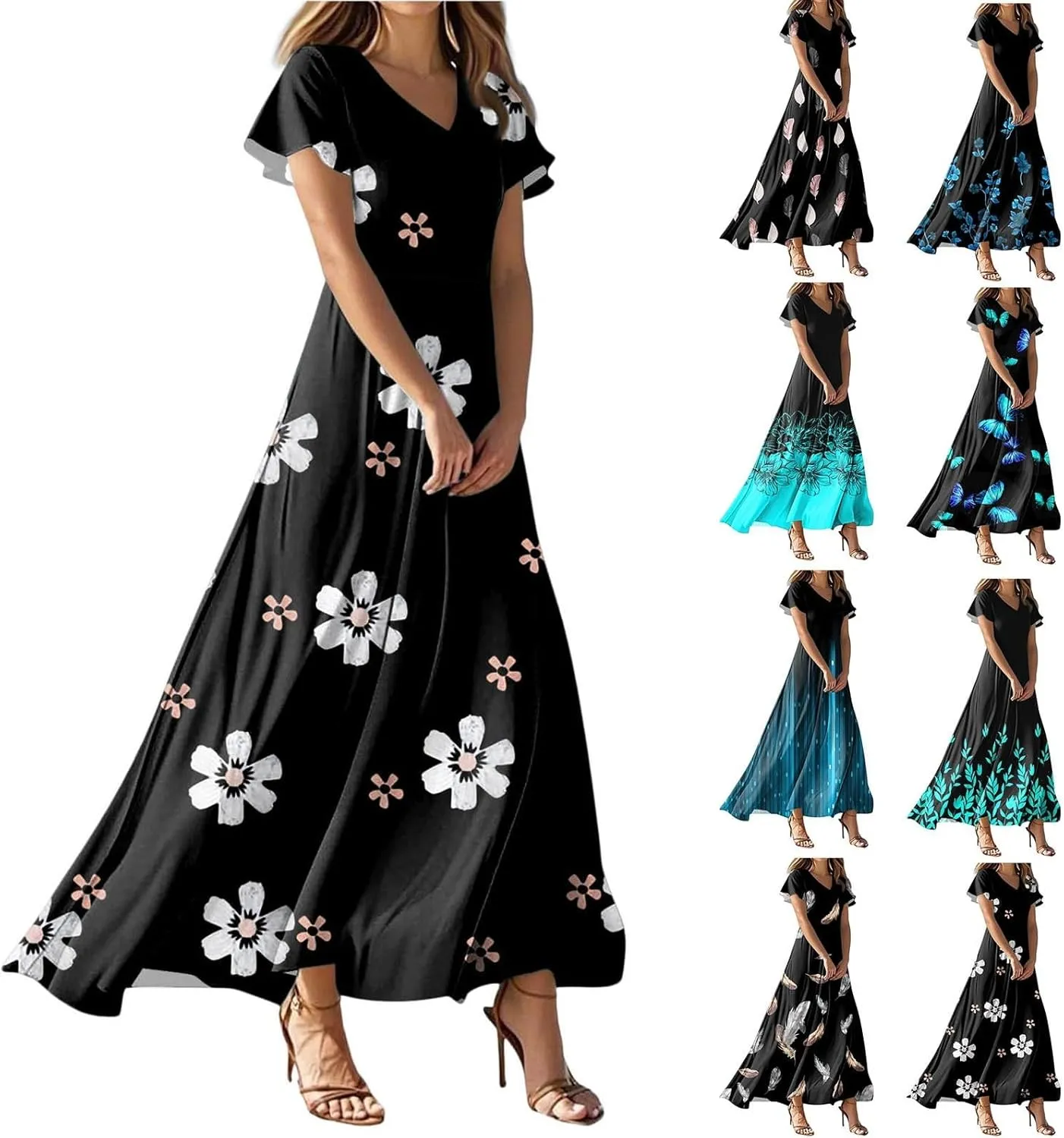 Women's Summer Wrap Maxi Dress Casual Short Sleeve Floral Boho V Neck Flowy Dresses Ruffle Beach Long Sundress Coverups