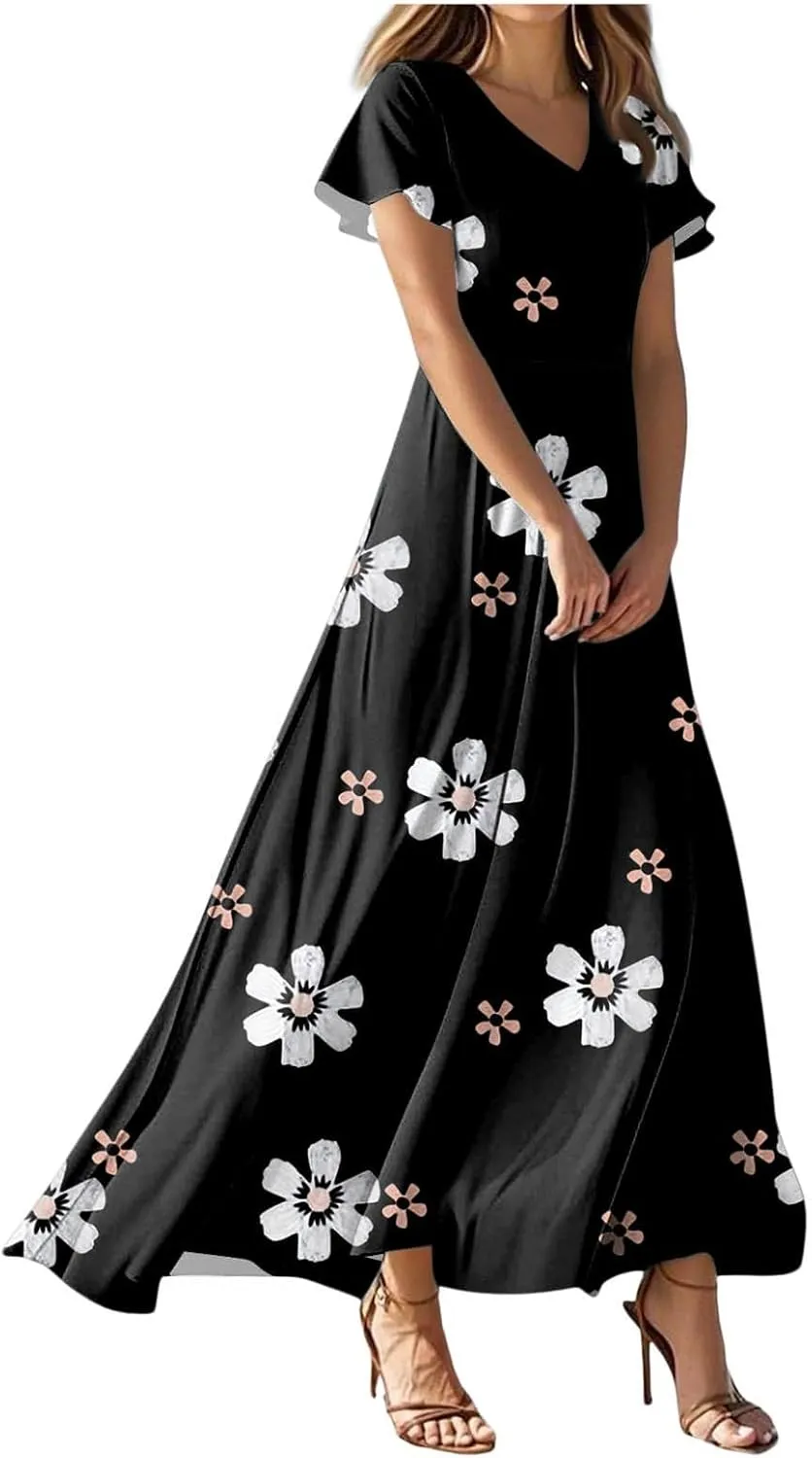 Women's Summer Wrap Maxi Dress Casual Short Sleeve Floral Boho V Neck Flowy Dresses Ruffle Beach Long Sundress Coverups