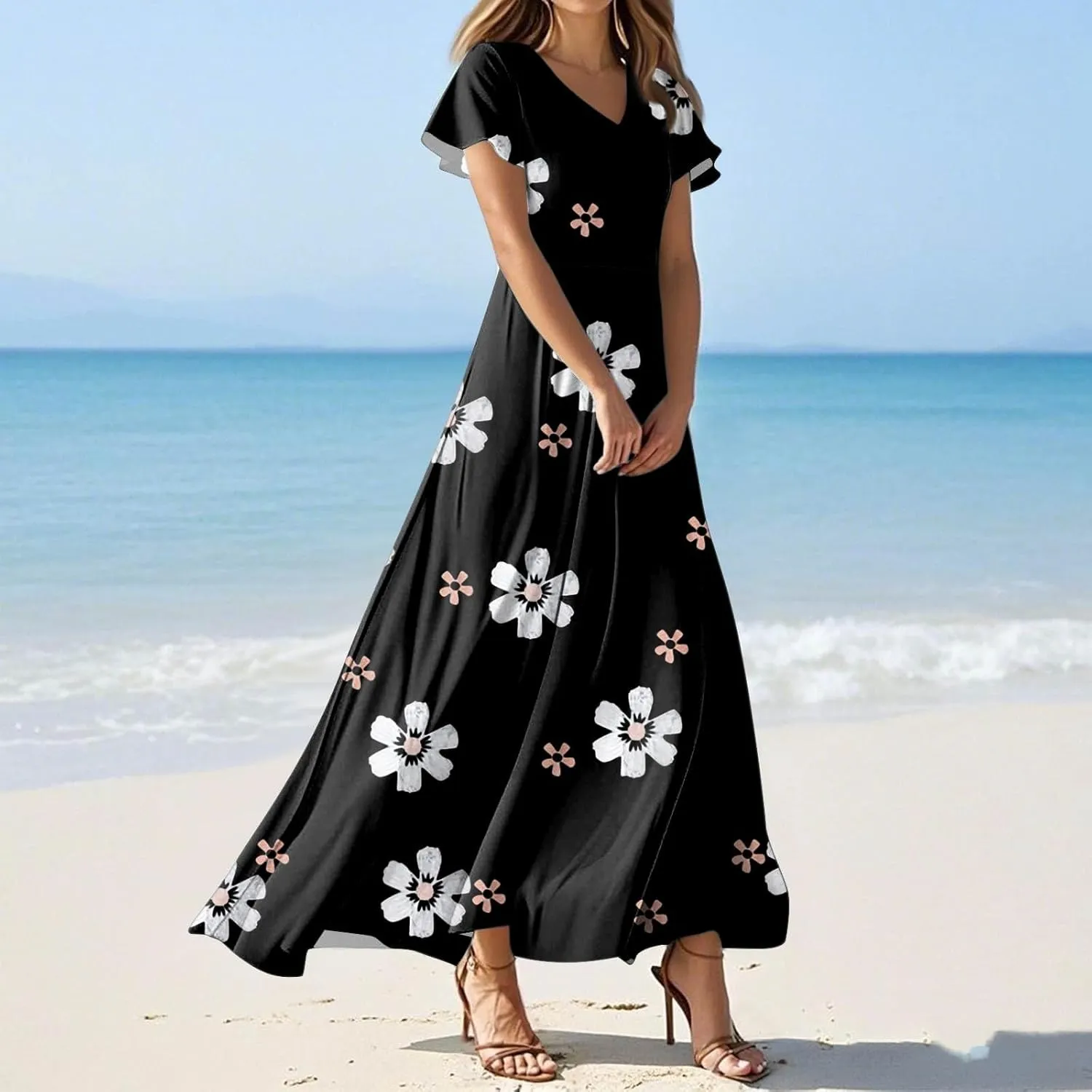 Women's Summer Wrap Maxi Dress Casual Short Sleeve Floral Boho V Neck Flowy Dresses Ruffle Beach Long Sundress Coverups