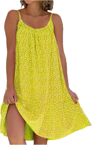 Women's Sundresses Sleeveless Beach Dress Knee Length Square Neck Loose Sundresses, S-3XL