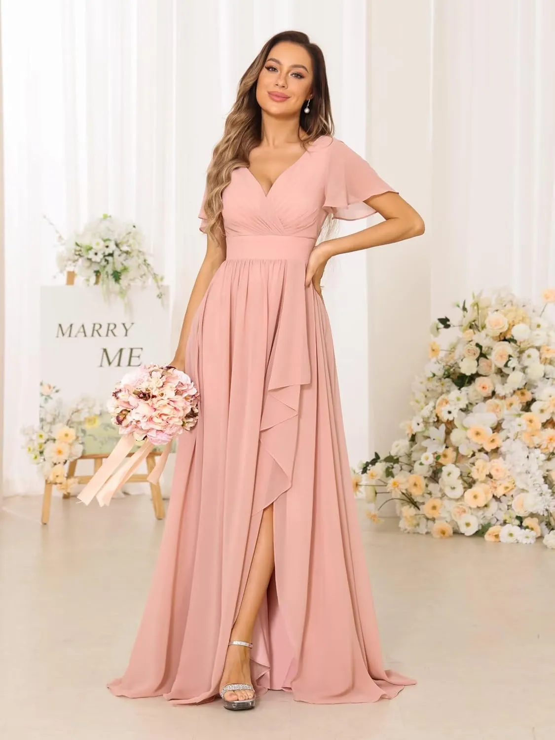 Women's V Neck Chiffon Bridesmaid Dresses with Pockets Pleated Aline Formal Evening Dresses with Slit 2025 DE164